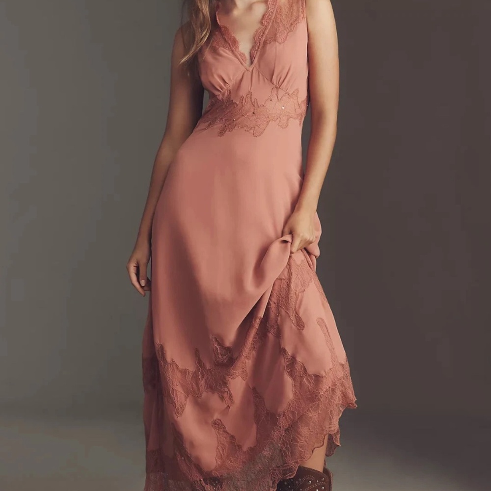 By Anthropologie V-Neck Lace-Panel Maxi Dress M - Picture 2 of 5
